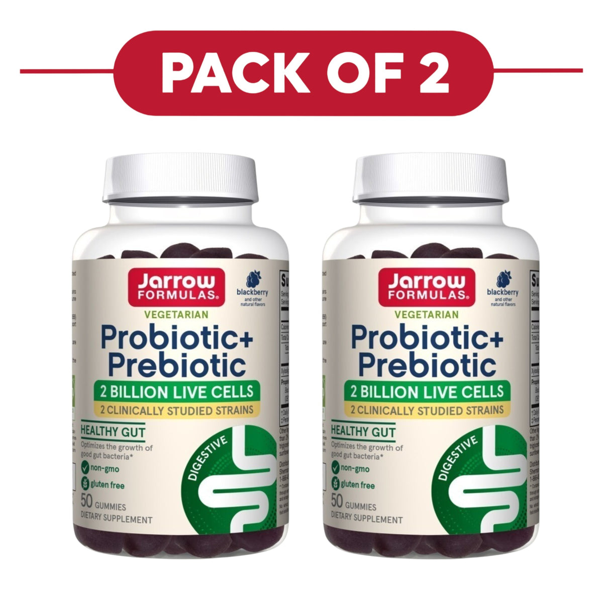 Jarrow Formulas Probiotic Prebiotic 2 Billion Blackberry 50 Gummies Pack of 2