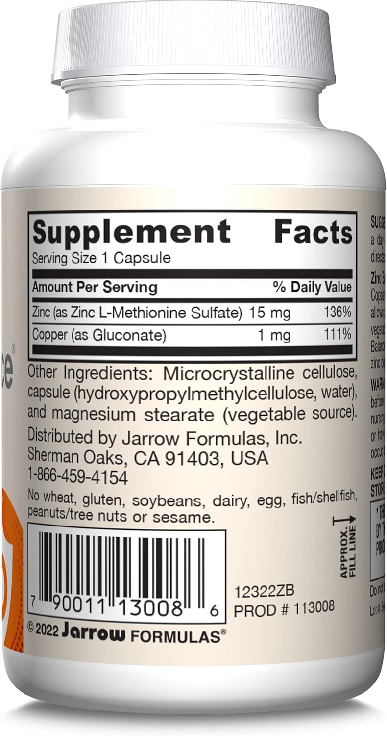 Jarrow Formulas Zinc Balance 15mg with copper veggie capsules barcode 100 count