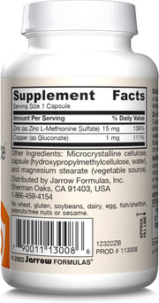 Jarrow Formulas Zinc Balance 15mg with copper veggie capsules barcode 100 count