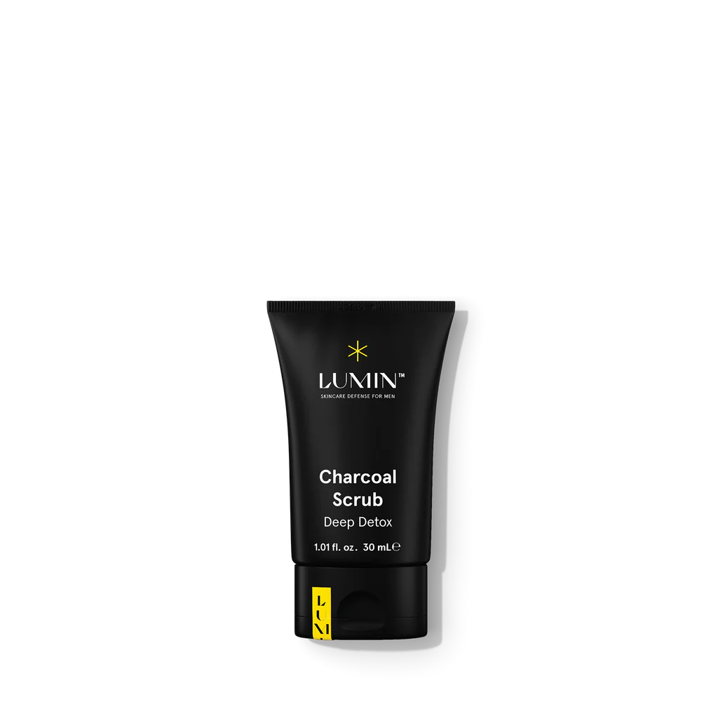 Lumin Charcoal Face Scrub for Men, 30mL tube, on white background.