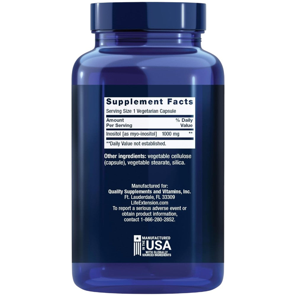Life Extension Inositol 1000mg vegetarian capsules bottle packaging showing supplement facts and ingredients, no flavour, 360 capsules