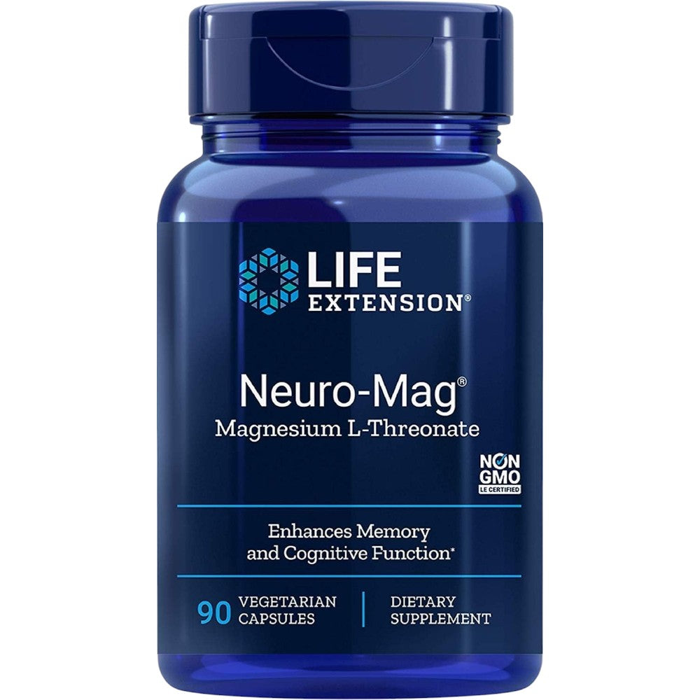 Life Extension Neuro-Mag Magnesium L-Threonate 90 vegetarian capsules blue bottle packaging, no flavour, 90 capsules