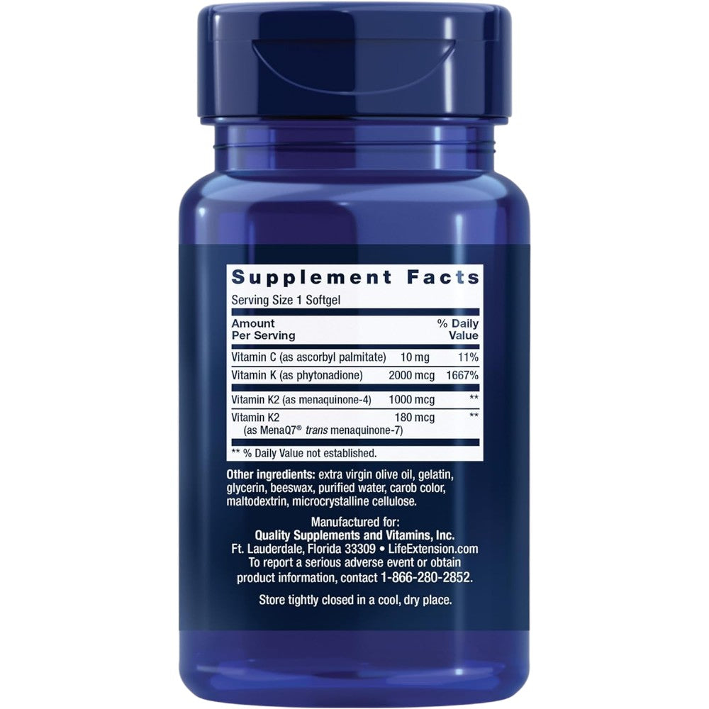 Life Extension Super K Vitamin K2 Plus K1 90 softgels bottle packaging showing supplement facts and ingredients, no flavour, 90 softgels