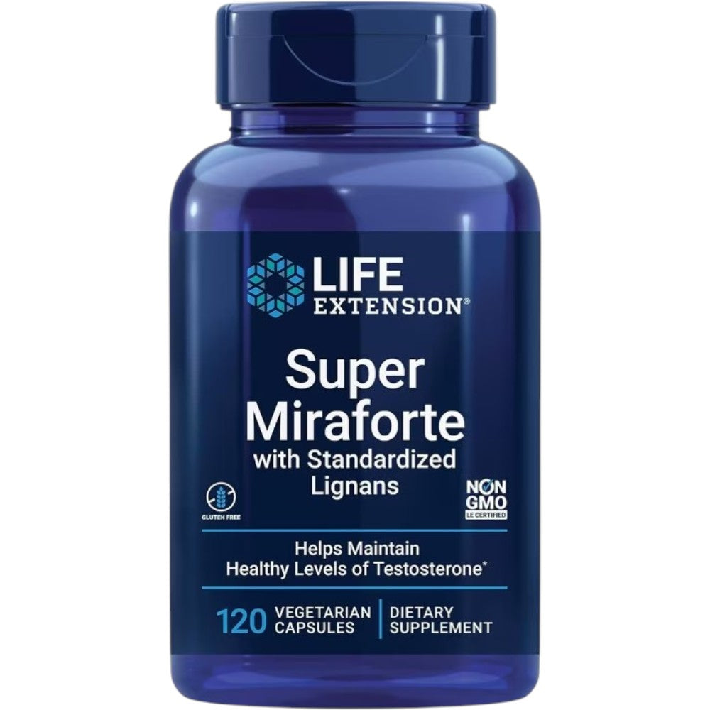 Life Extension Super Miraforte Standardized Lignans 120 vegetarian capsules blue bottle packaging, no flavour, 120 capsules