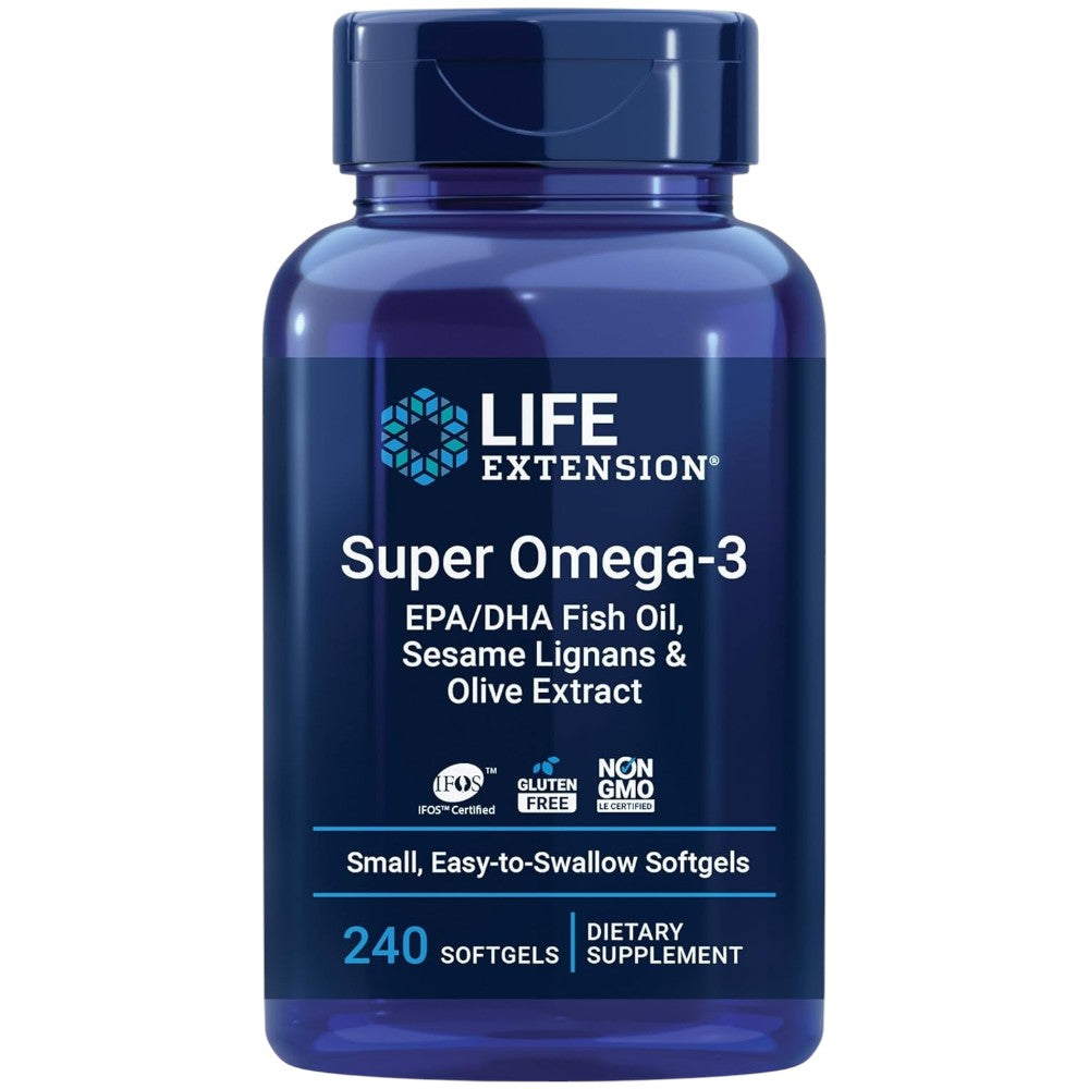 Life Extension Super Omega-3 EPA DHA Fish Oil 240 softgels blue bottle packaging, natural flavour, 240 softgels
