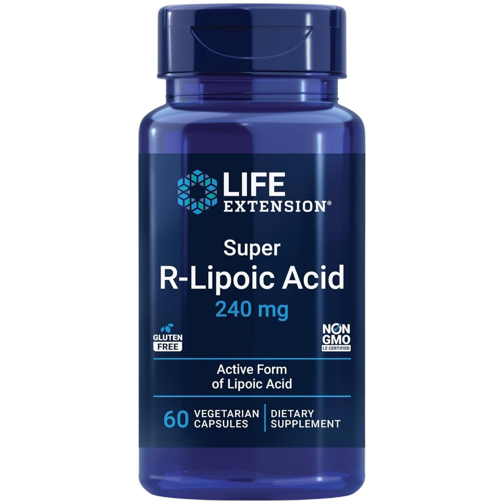 Life Extension Super R-Lipoic Acid 240mg vegetarian capsules blue bottle packaging, no flavour, 60 capsules