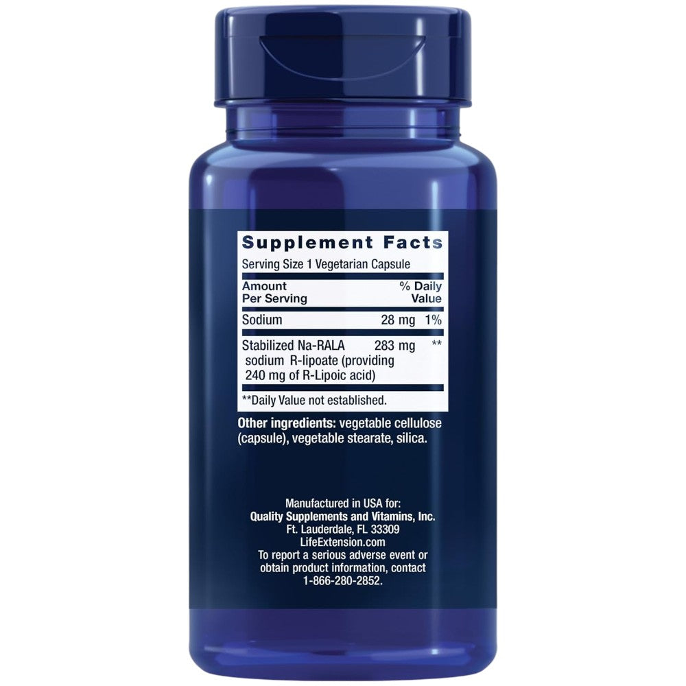 Life Extension Super R-Lipoic Acid 240mg vegetarian capsules bottle packaging showing supplement facts and ingredients, no flavour, 60 capsules