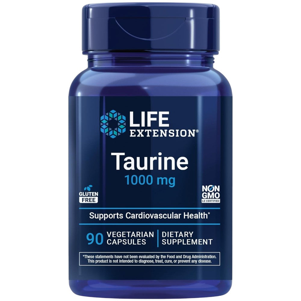 Life Extension Taurine 1000mg vegetarian capsules blue bottle packaging, no flavour, 90 capsules