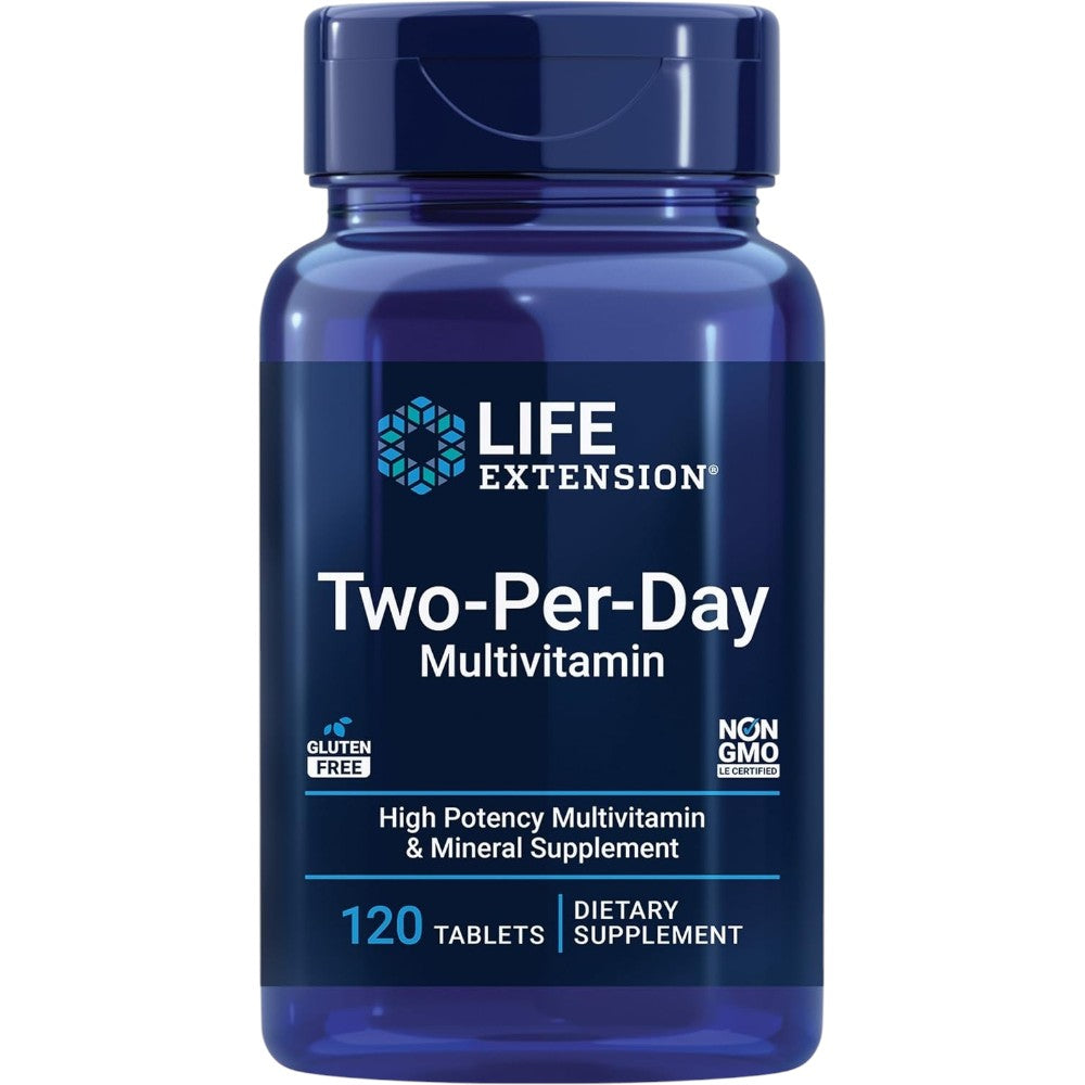 Life Extension Two-Per-Day Multivitamin 120 tablets blue bottle packaging, no flavour, 120 tablets