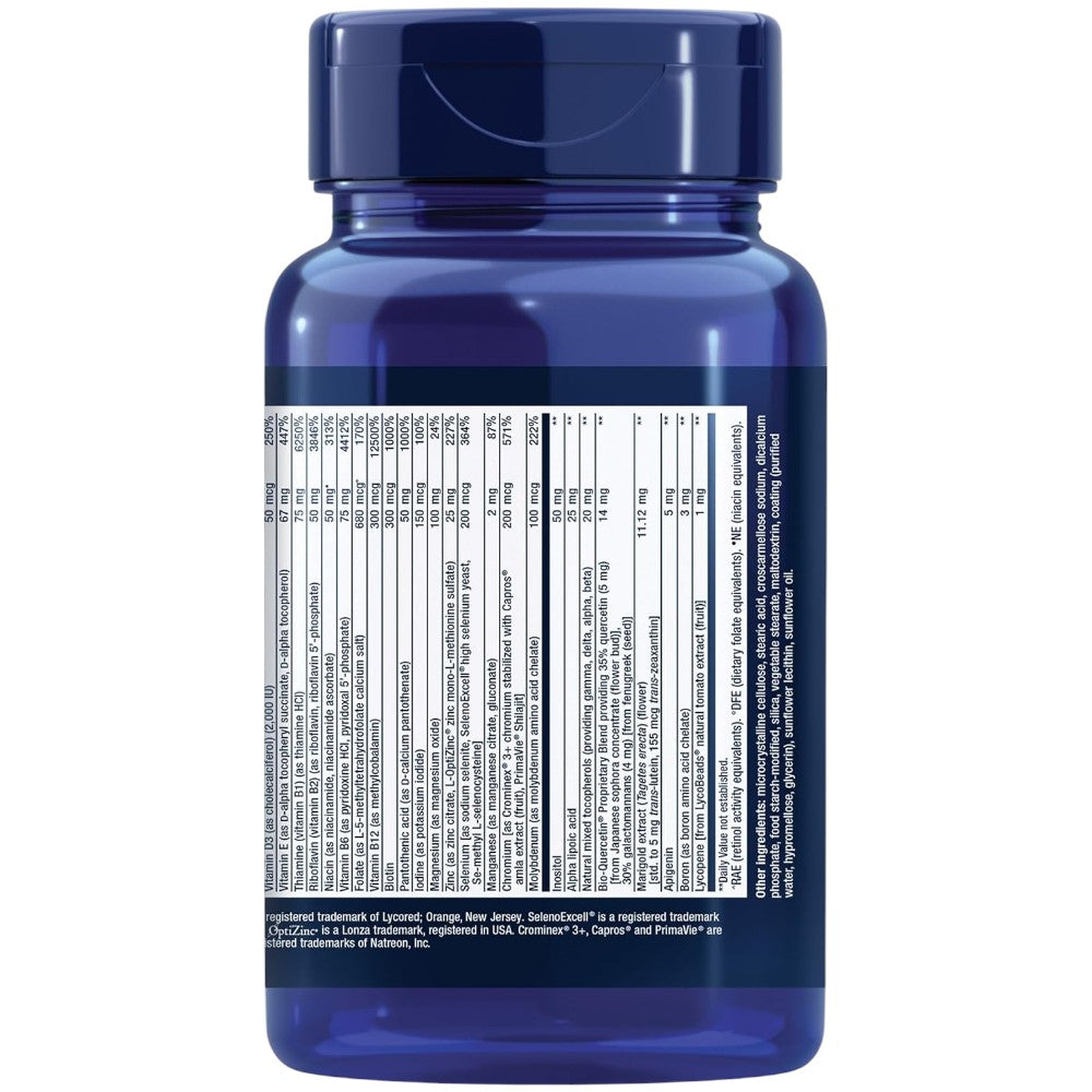 Life Extension Two-Per-Day Multivitamin 60 tablets bottle packaging showing supplement facts and ingredients, no flavour, 60 tablets