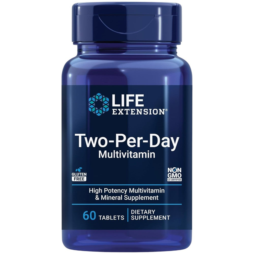 Life Extension Two-Per-Day Multivitamin 60 tablets blue bottle packaging, no flavour, 60 tablets