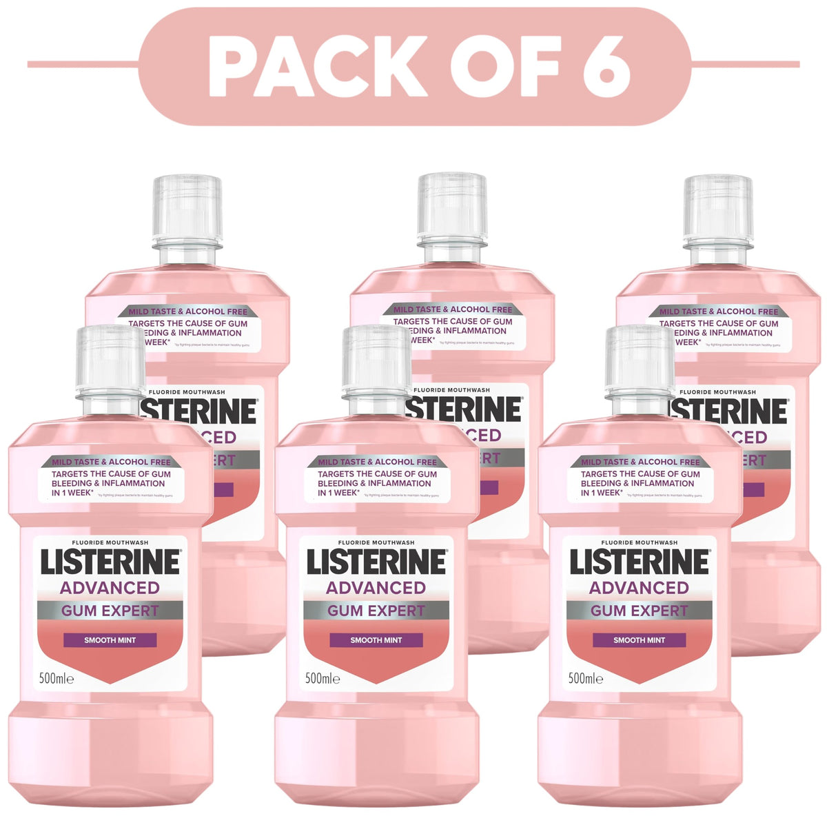 Listerine Advanced Gum Expert Smooth Mint Mouthwash 500ml Pack of 6