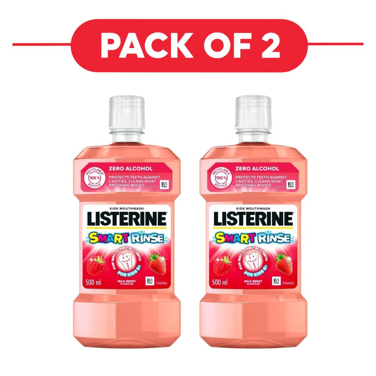 Listerine Smart Rinse Kids Mild Berry Mouthwash 500ml Pack of 2