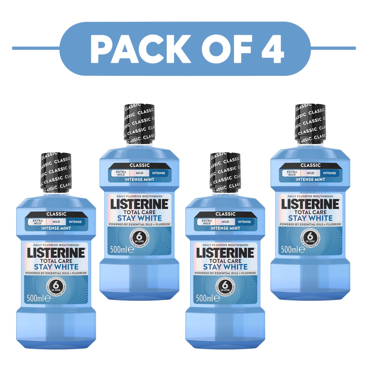 Listerine Total Care Stay White Mouthwash Intense Mint 500ml Pack of 4