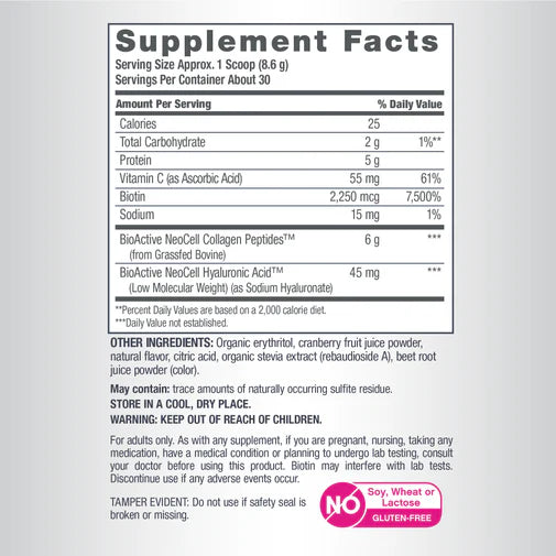 Nutrition label for NeoCell Beauty Infusion collagen powder supplement.