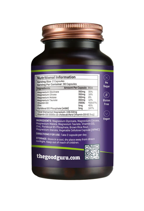 Supplement facts label for The Good Guru Quad-Magnesium Complex with D3 and Zinc, 90 count.