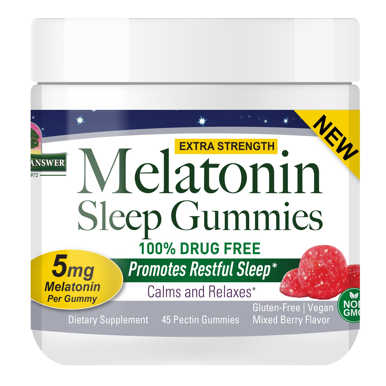 Nature’s Answer Melatonin Gummies 5mg Mixed Berry 45 gummies tub front view