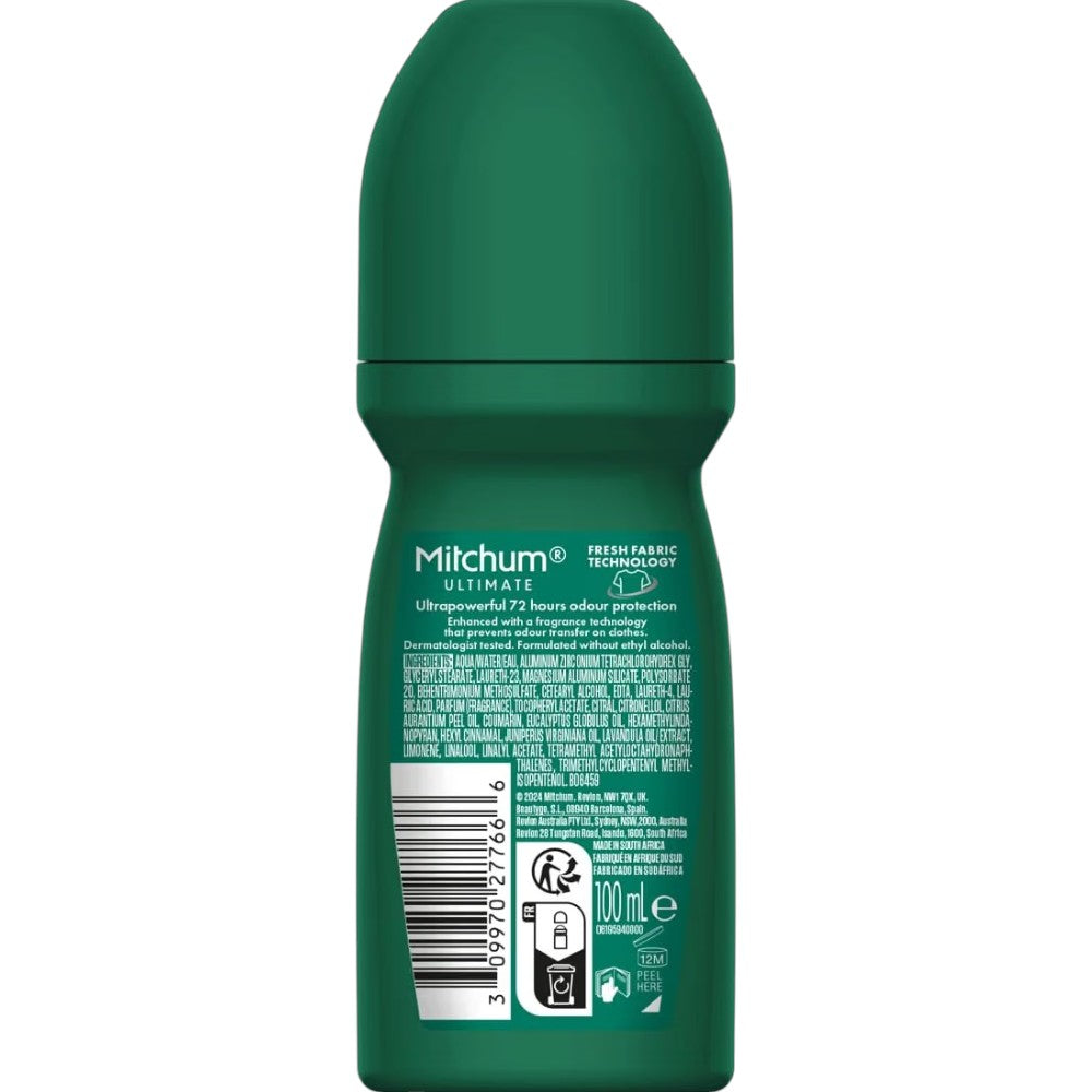 Mitchum Men's Ultimate Active Ocean Antiperspirant Roll On underarm deodorant bottle 100ml ingredients & barcode