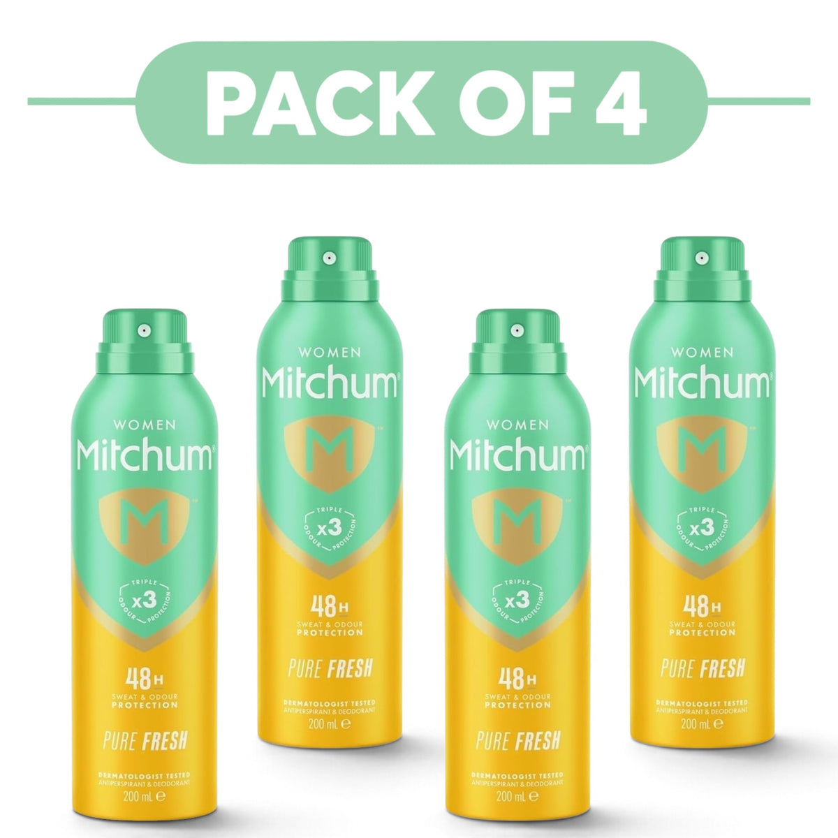Mitchum Women's 48H Pure Fresh Antiperspirant Aerosol 200ml Pack of 4