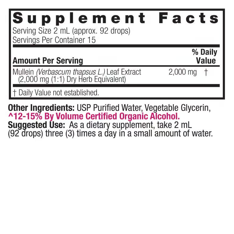 Nature’s Answer Mullein Leaf Liquid Extract 30ml supplement facts label