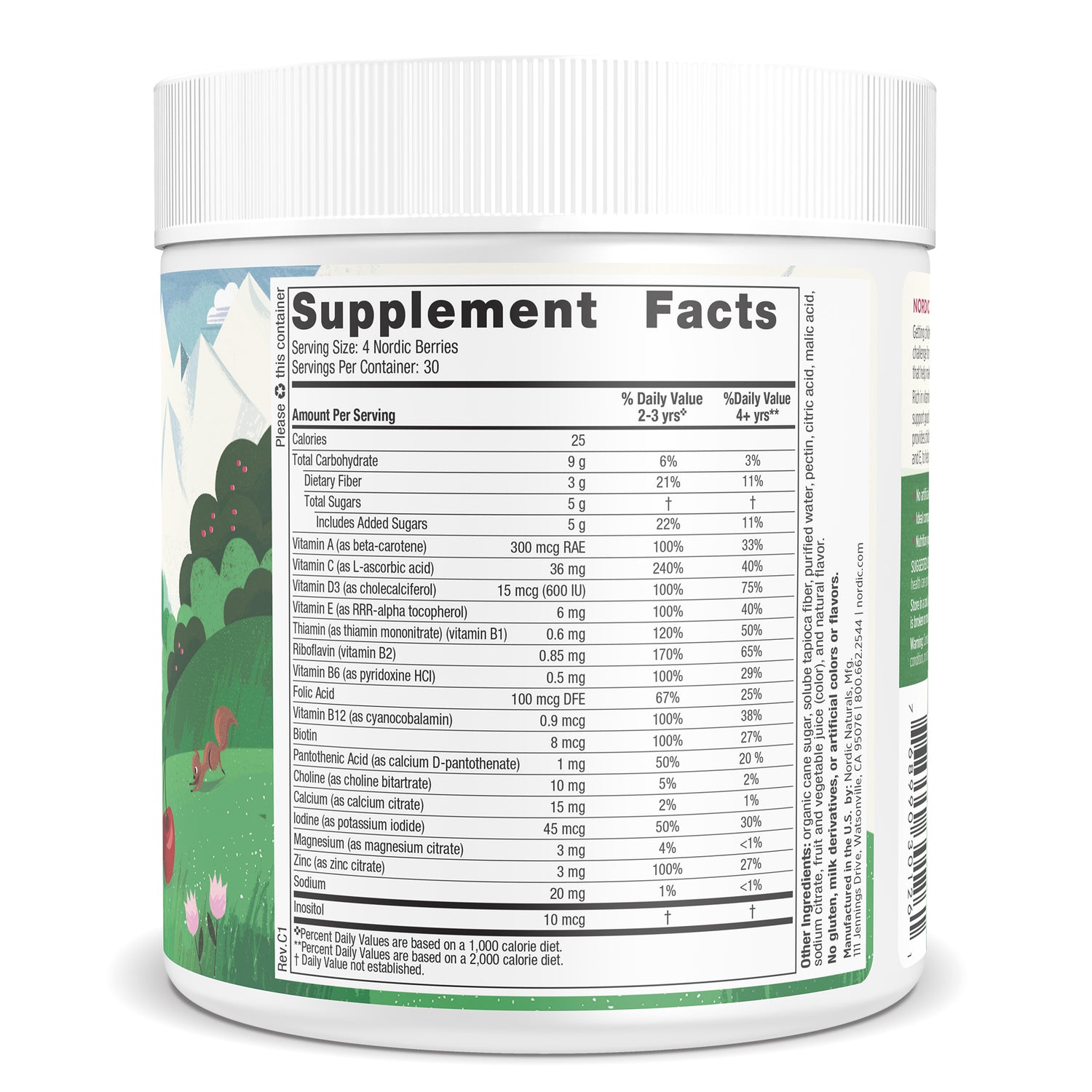 Supplement facts label and usage instructions for Nordic Berries children's gummy vitamins