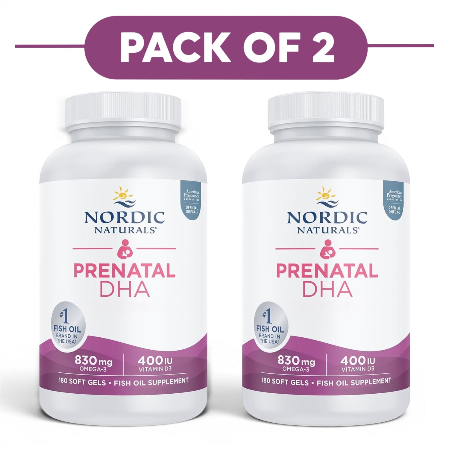 Nordic Naturals Prenatal DHA 830mg Unflavoured 180 Soft Gels Pack of 2