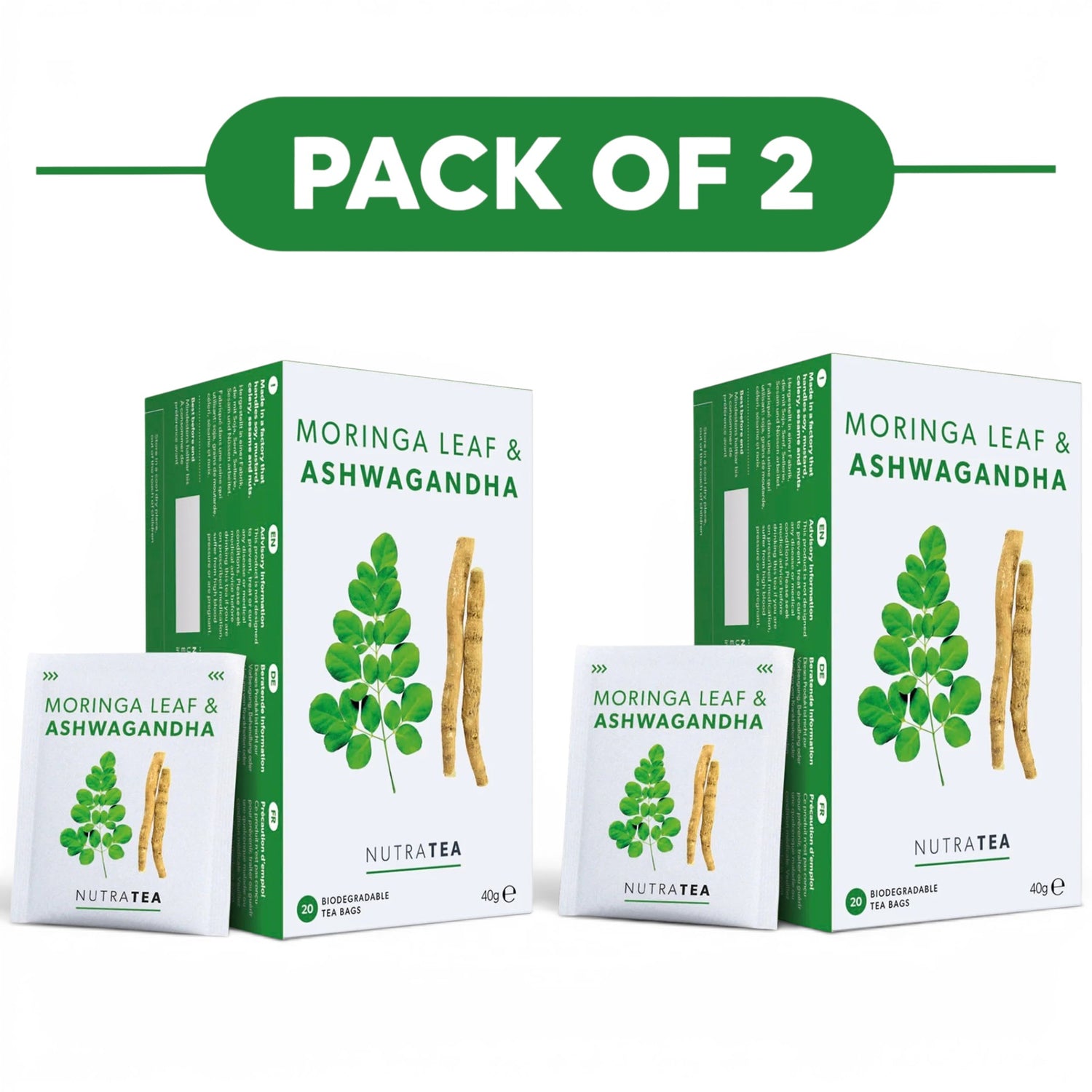 NutraTea Moringa Leaf & Ashwagandha Herbal Tea 20 Tea Bags Pack of 2