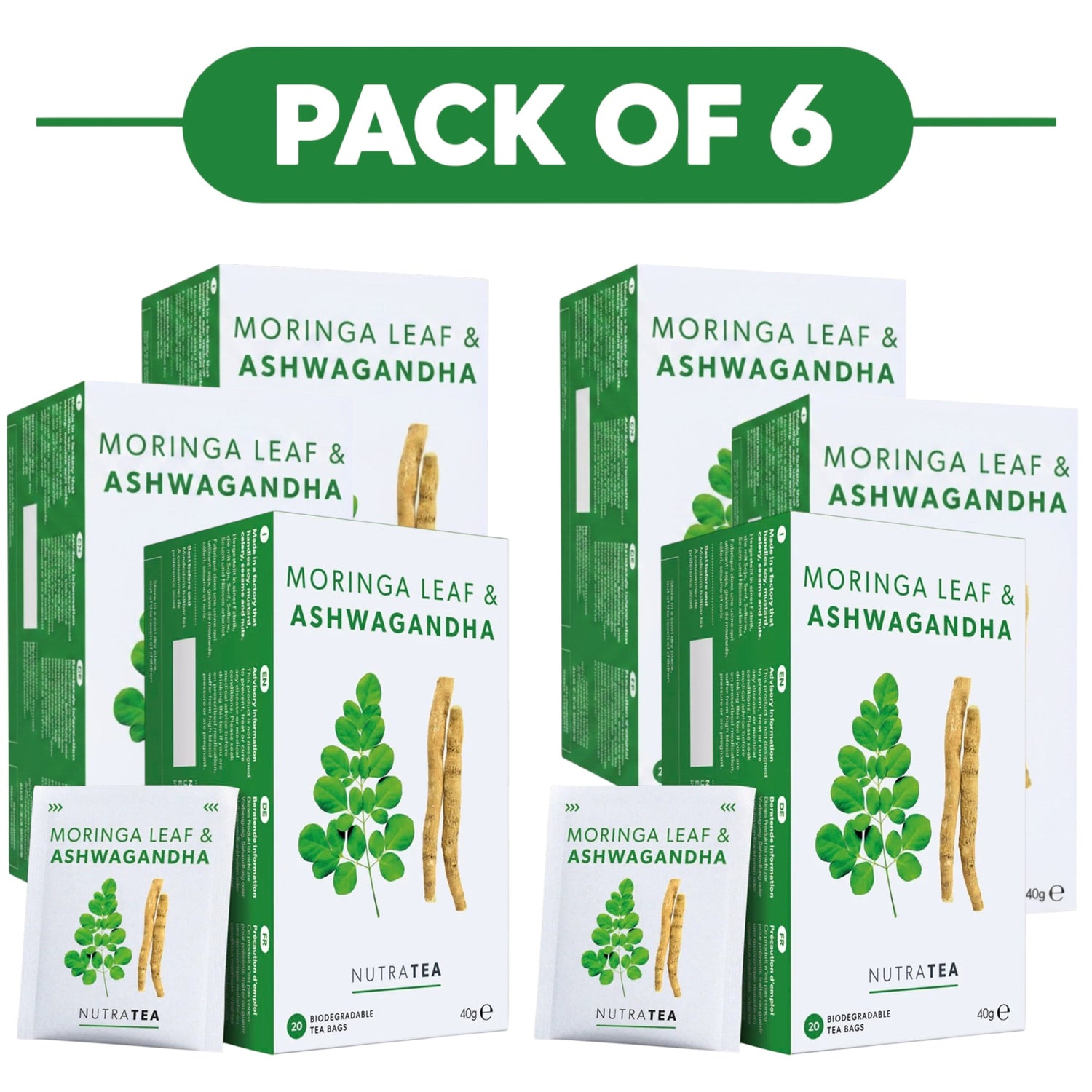 NutraTea Moringa Leaf & Ashwagandha Herbal Tea 20 Tea Bags Pack of 6
