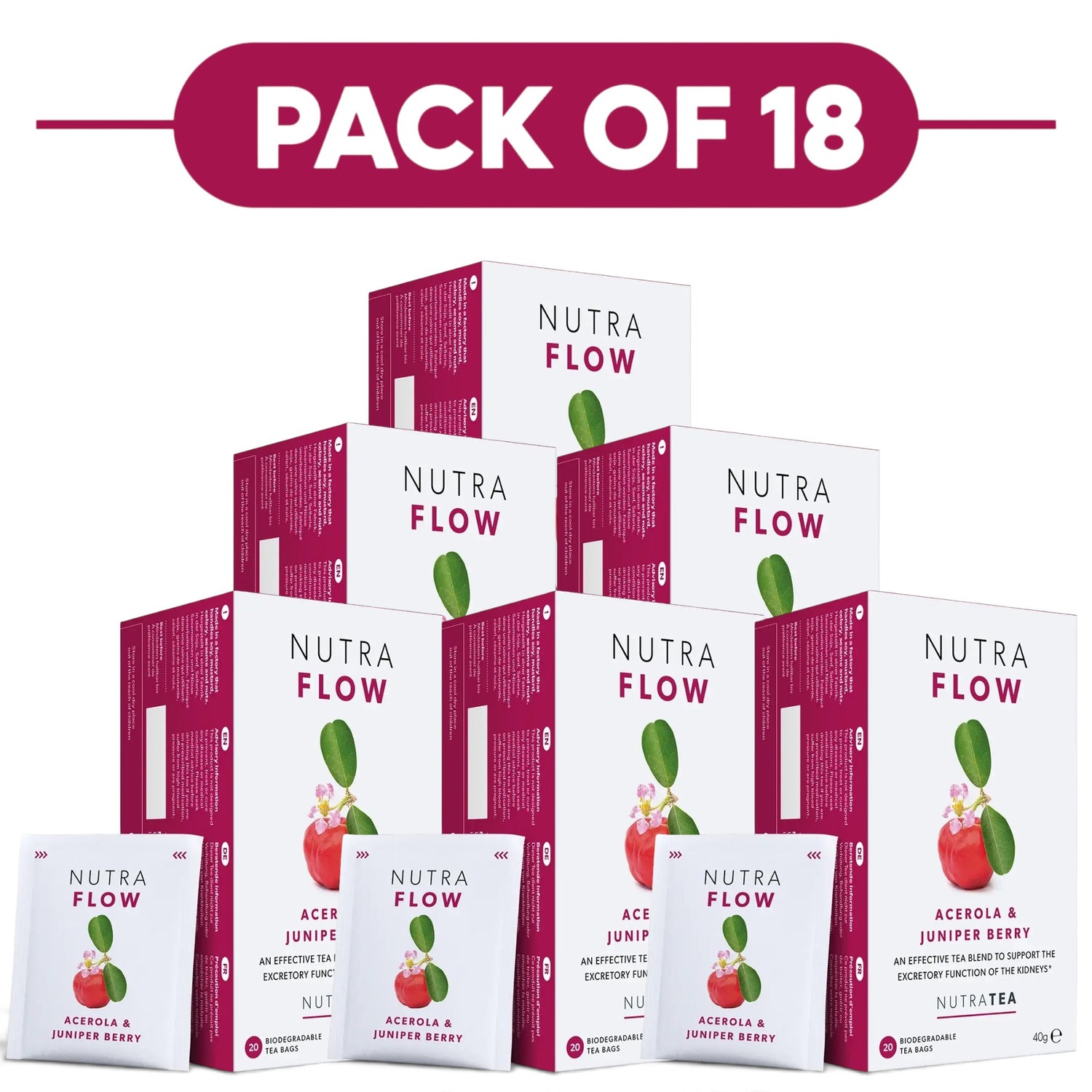 NutraTea NutraFlow Acerola & Juniper Berry Herbal Tea 20 Tea Bags Pack of 18