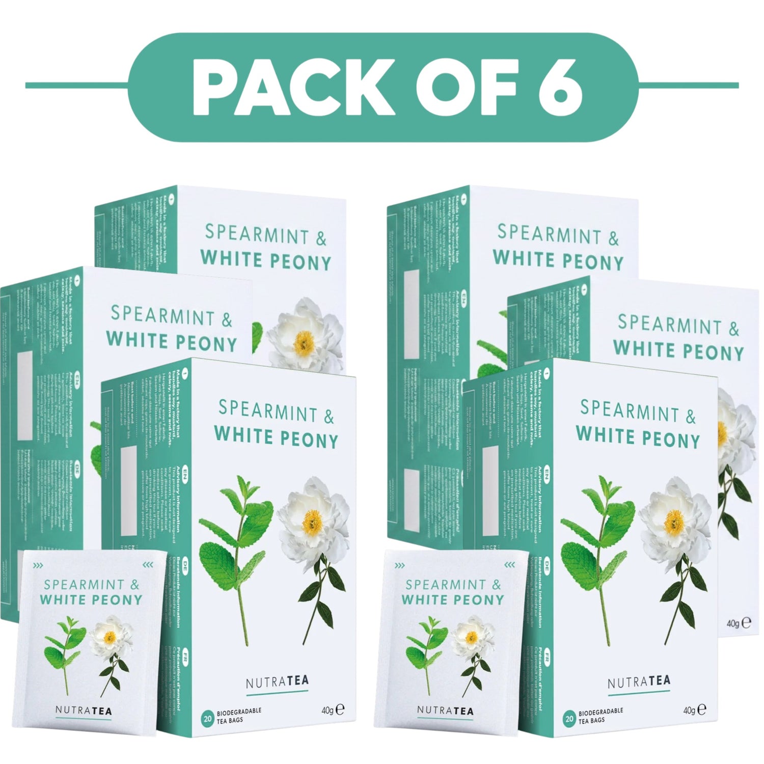NutraTea Spearmint & White Peony Herbal Tea 20 Tea Bags Pack of 6