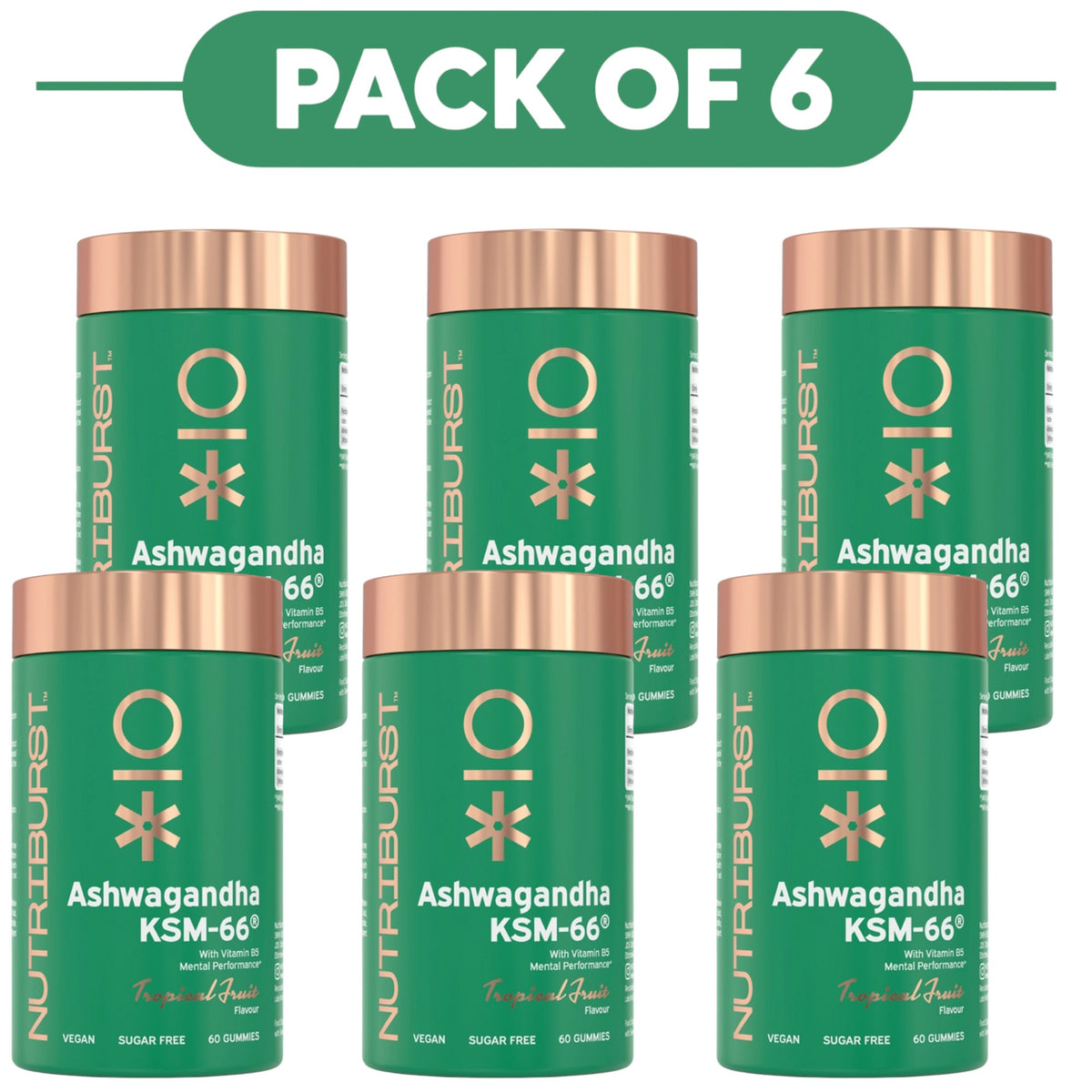 Six green Nutriburst Ashwagandha KSM-66 supplement bottles arranged in two rows beneath a green banner that reads 'PACK OF 6'. The bottles have metallic rose-gold lids and gold text, set against a plain white background.