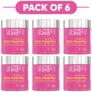 Six pink jars of Nutri Burst Biotin PowerPlus arranged in a 2x3 grid under a pink banner that reads 'PACK OF 6'.