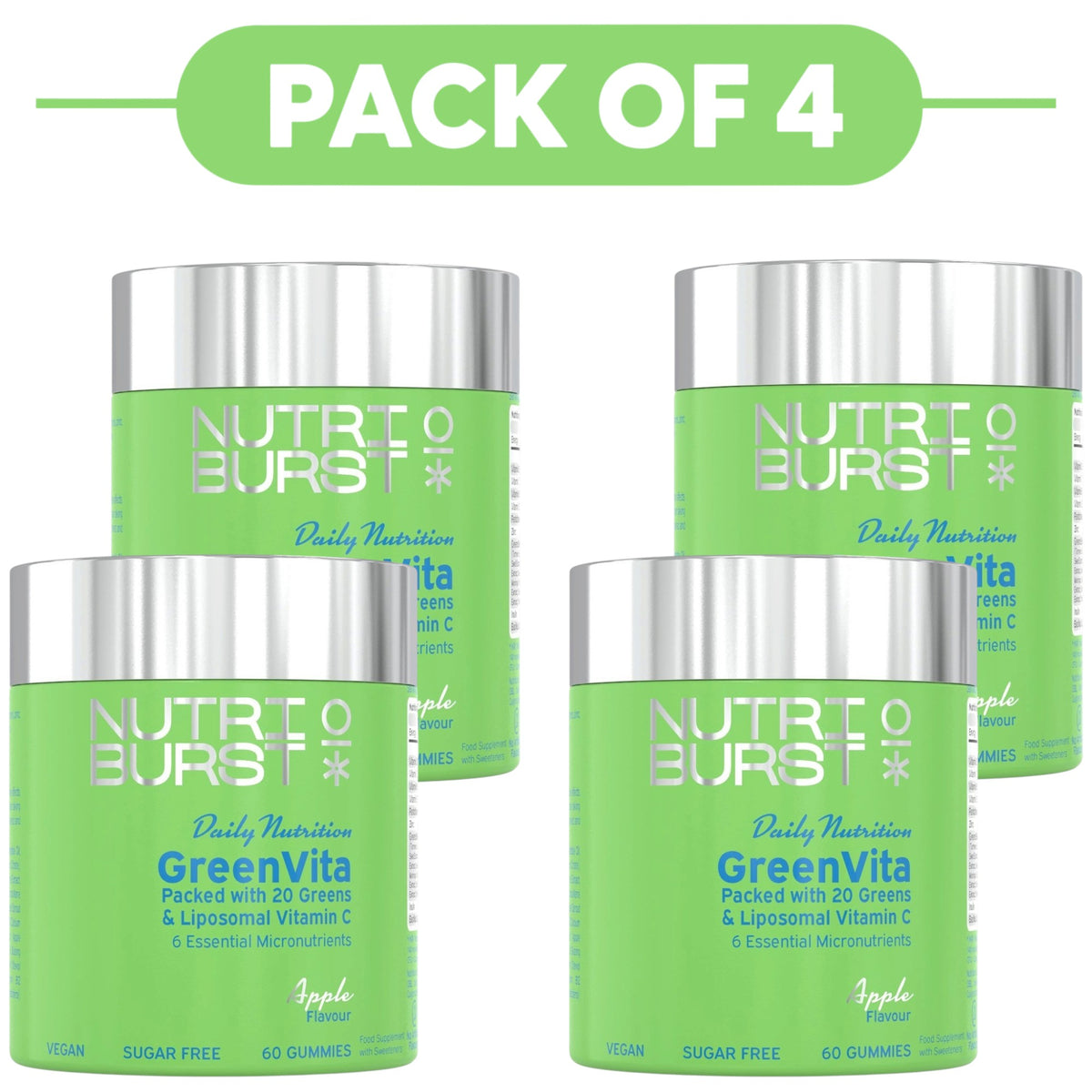 Four green NutriBoost GreenVita gummy bottles arranged in a 2x2 grid with a green 'PACK OF 4' banner at the top on a white background.