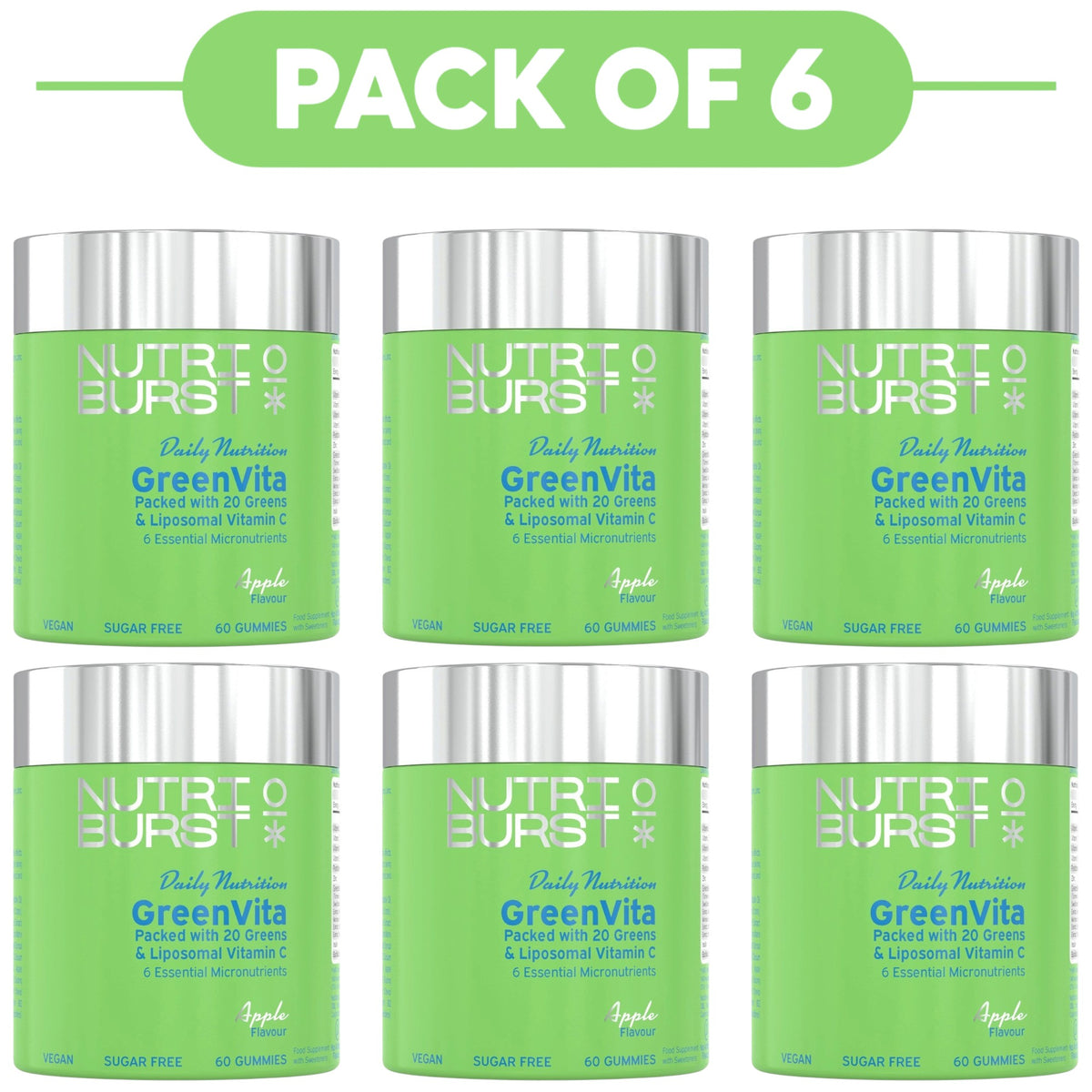 Six jars of NutriBoost Daily Nutrition GreenVita dietary supplement arranged in a 2x3 grid under a green banner that reads 'PACK OF 6'. The jars have bright green labels with silver lids and white text.