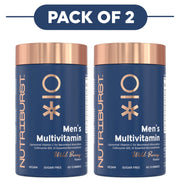 Two bottles of Nutriburst Men's Multivitamin gummies shown side by side under a 'PACK OF 2' banner. The bottles are dark blue with metallic rose gold caps and labels, featuring the Nutriburst brand logo and Wild Berry flavor text.