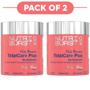 Two bottles of Nutri Burst TotalCare Plus Multivitamin gummies in Mixed Berry flavor, shown side by side with a pink 'PACK OF 2' banner at the top on a white background.