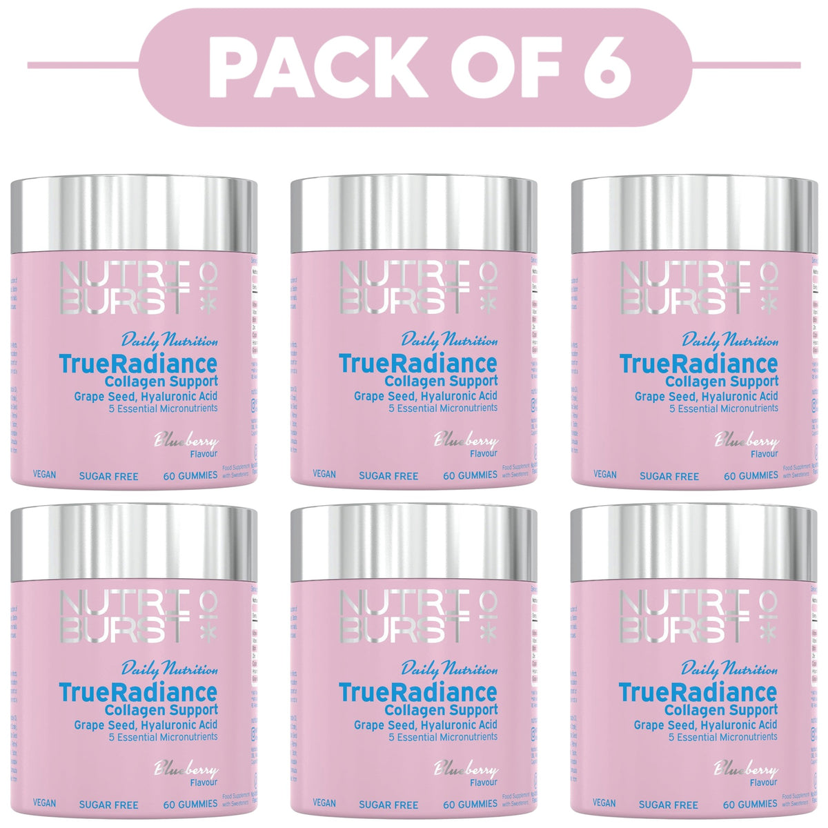 Six pink jars of NutriFLO TrueRadiance Collagen Support arranged in two rows on a white background, with a pink banner at the top reading PACK OF 6.