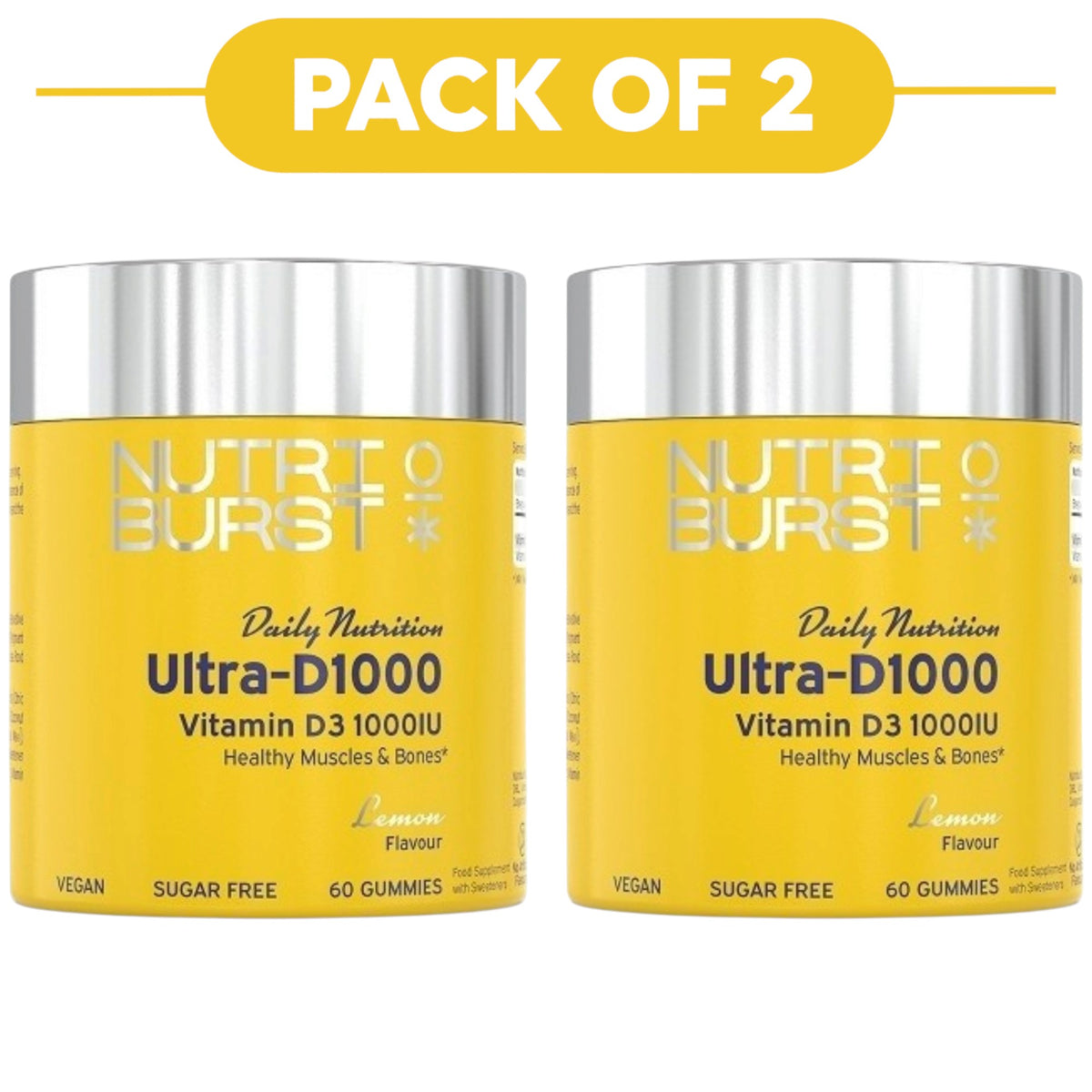 Nutriburst Ultra-D1000 D3 + K2 Lemon Gummies 60 Count Pack of 2