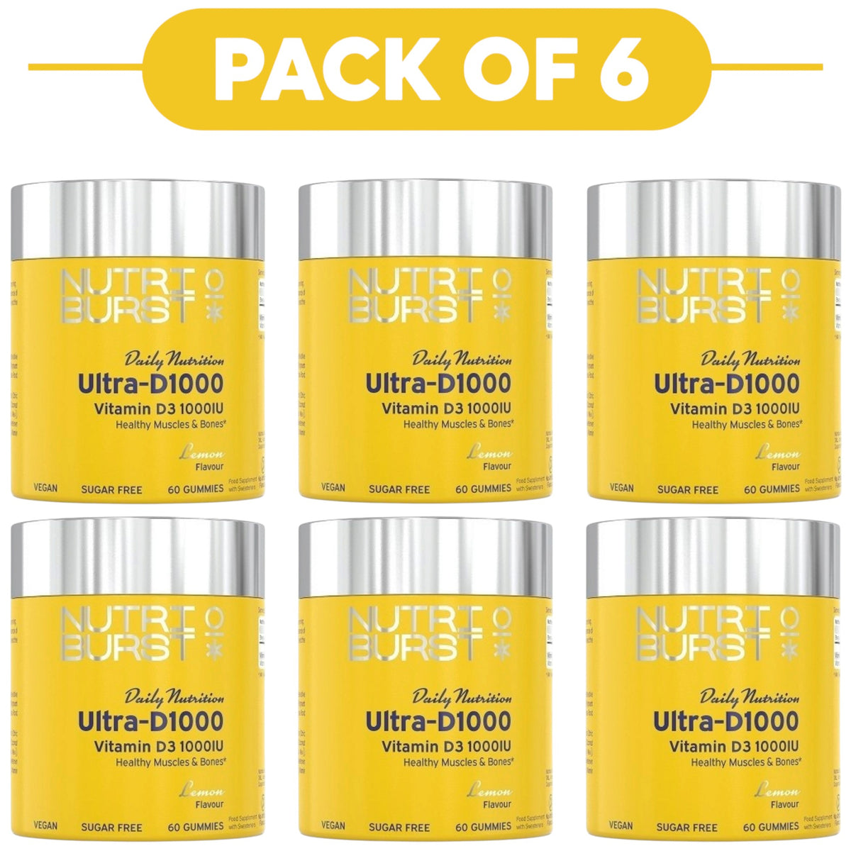 Six yellow bottles of NutriFusion Ultra-D1000 dietary supplement arranged in a 2x3 grid under a yellow 'PACK OF 6' banner. The bottles have silver lids and yellow labels with black and white text.
