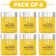 Six yellow bottles of NutriFusion Ultra-D1000 dietary supplement arranged in a 2x3 grid under a yellow 'PACK OF 6' banner. The bottles have silver lids and yellow labels with black and white text.