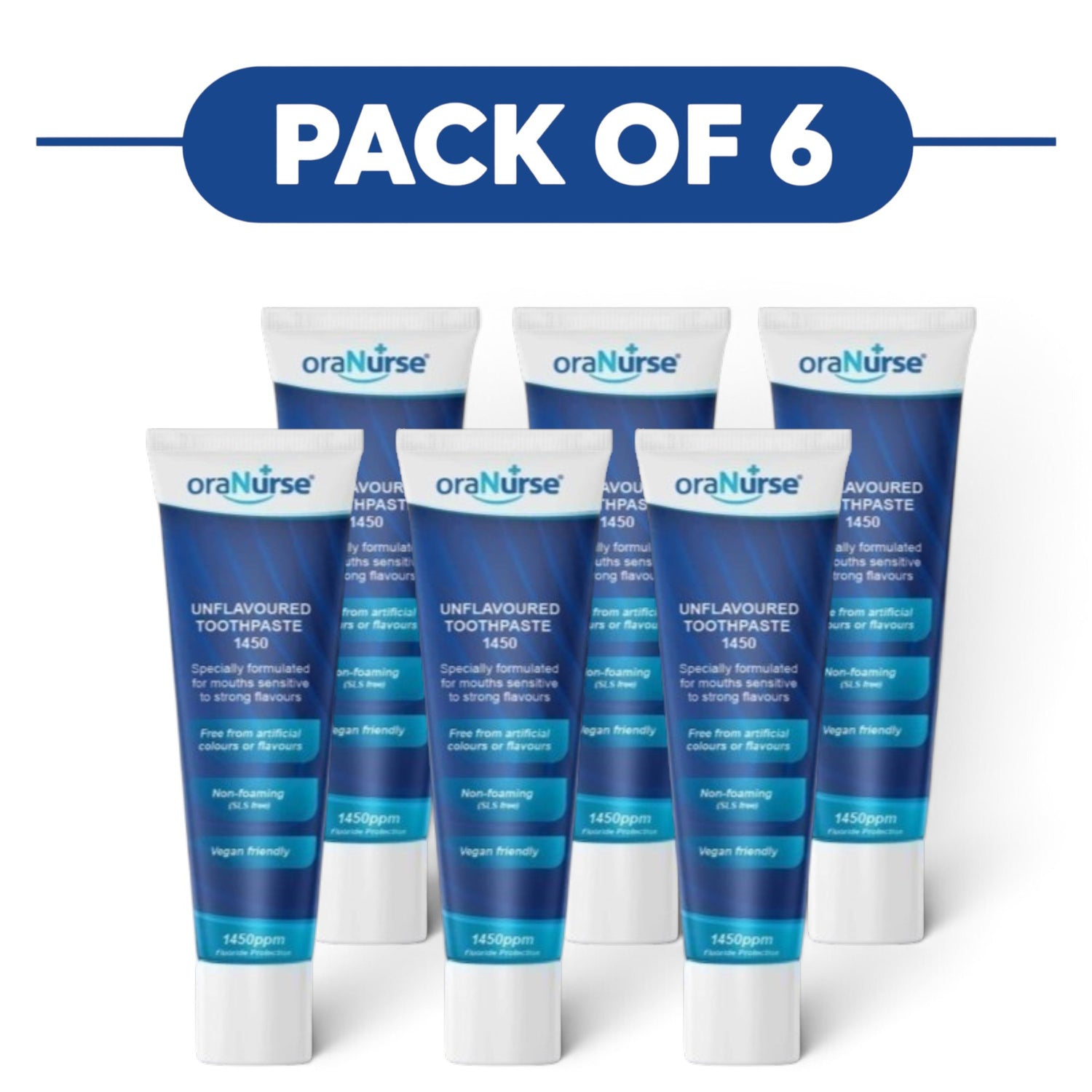 OraNurse Unflavoured Toothpaste 1450ppm Fluoride 50ml Pack of 6