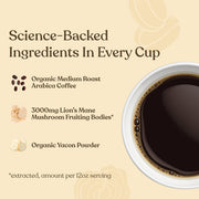Four Sigmatic half caf ground coffee ingredients and product information panel on packaging