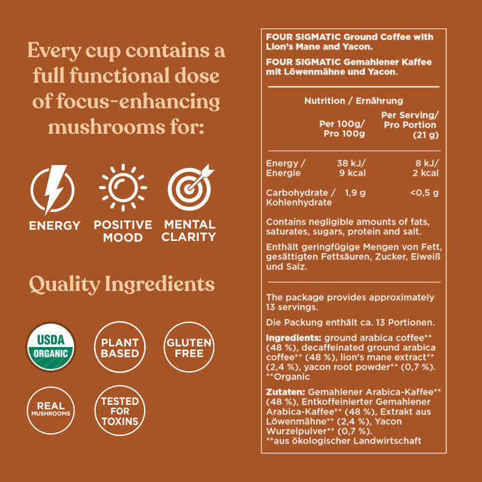 Four Sigmatic half caf ground coffee ingredients and product information panel on packaging