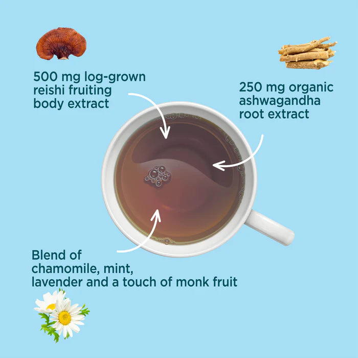 Tea cup with health benefits labelled on a blue background.