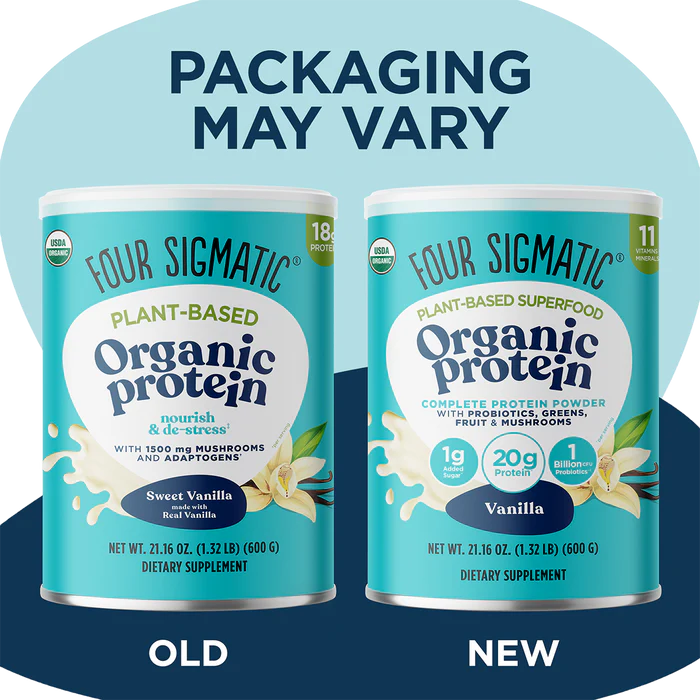 Four Sigmatic Organic Plant-Based Protein Powder, Vanilla - 600g. Old & new packaging.