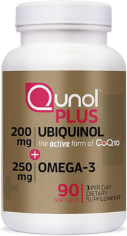 Front image: Qunol Ubiquinol CoQ10 omega-3 softgels supplement bottle 200mg 90 count