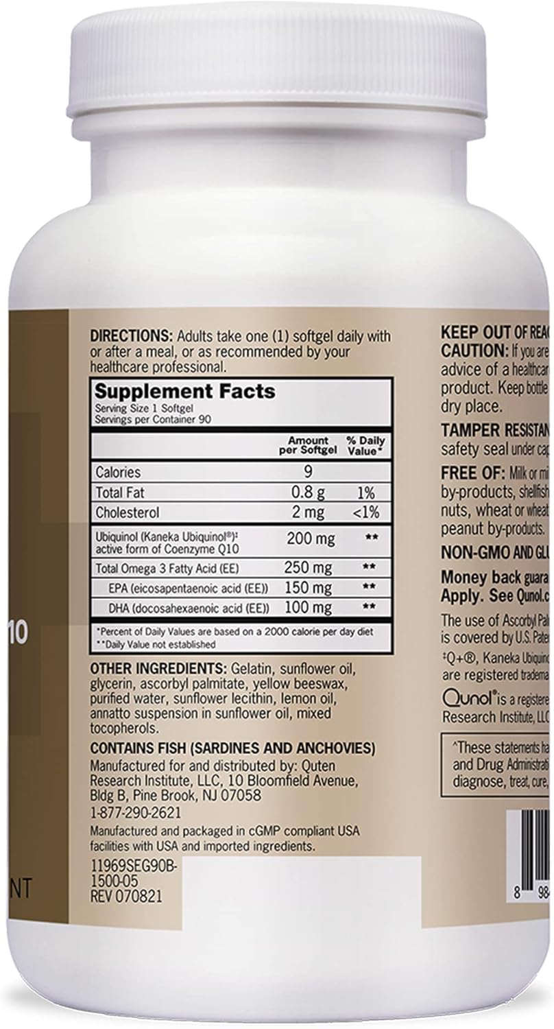 Supplement facts & ingredients image: Qunol Ubiquinol CoQ10 omega-3 supplement facts ingredients 200mg 90 count