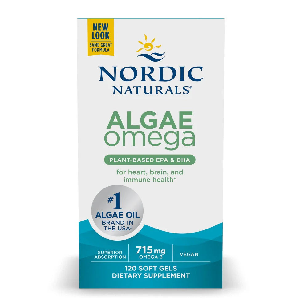 Nordic Naturals Algae Omega vegan softgel box - 120 softgels, white background.