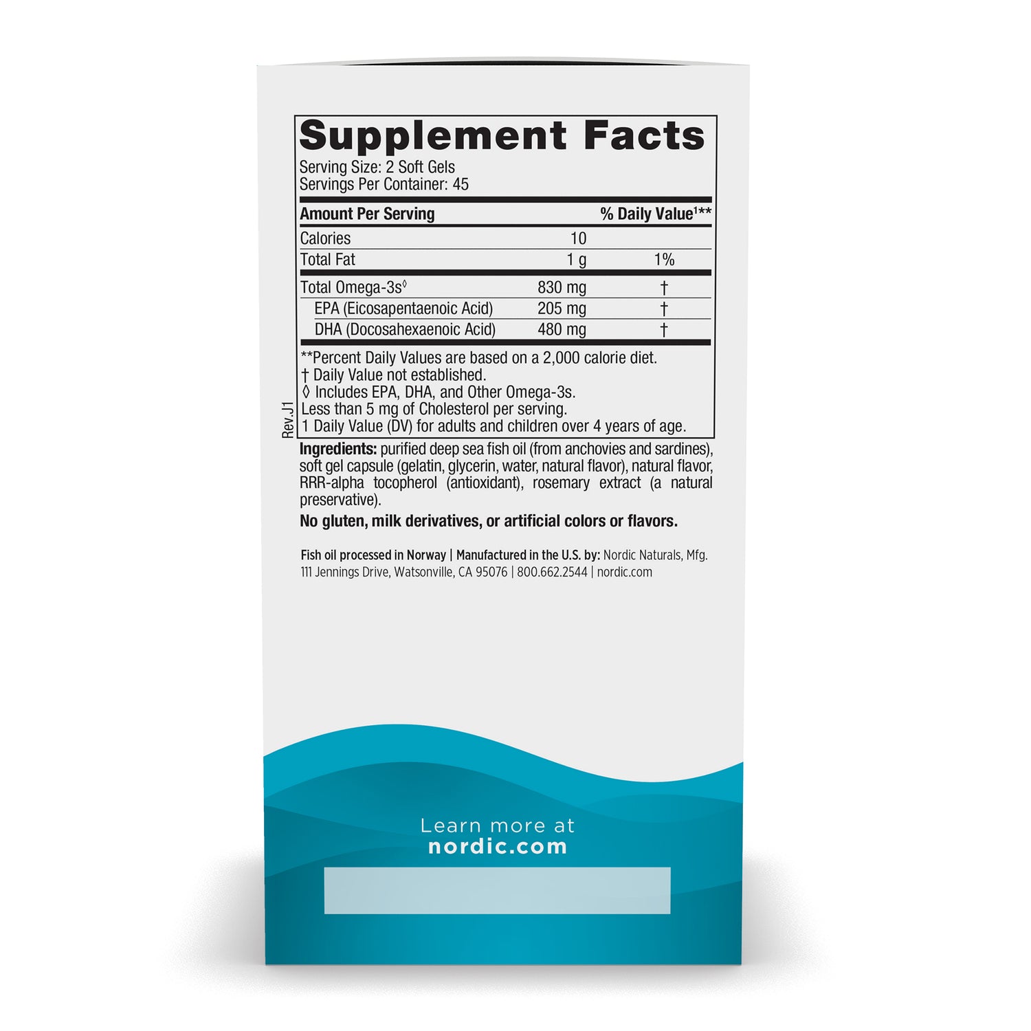 Supplement facts label for high DHA omega-3 fish oil supplement