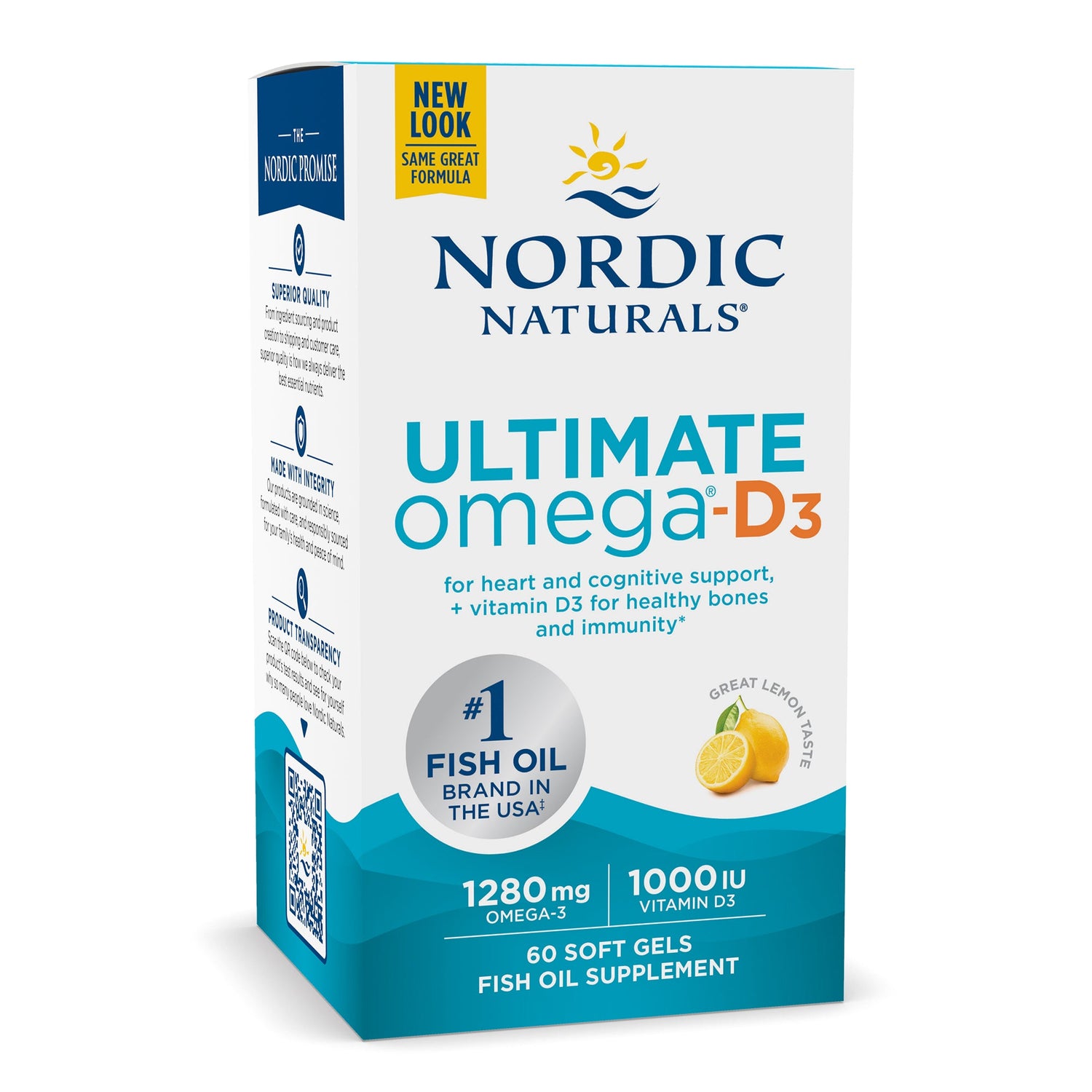 Nordic Naturals Ultimate Omega-D3 lemon flavor 60 soft gel box supplement.